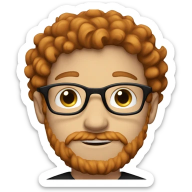 35 year old, male, curly red hair, pale, thick beard, blue eyes, white glasses, black shirt sticker