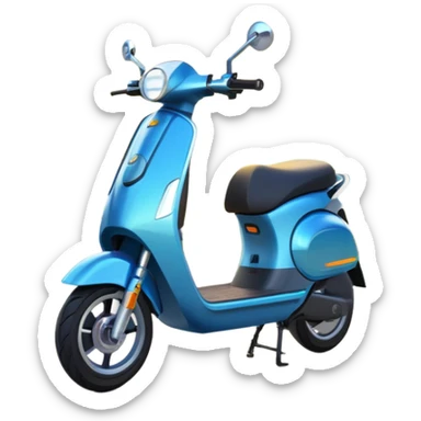 An icon featuring a sleek electric scooter parked on a scenic path. The background showcases a vibrant city park with green trees, flowers, and a clear blue sky. The sun sets in the distance, casting a warm golden glow on the landscape. Transparent background. sticker