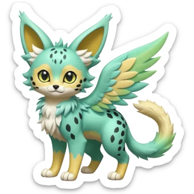 Epic complex detailed pastel minty green, pastel beige yellow pastel realistic aesthetic-scenic-Fakémon-Zorua-Litten-Trico-Sergal-Serval-Vernid-creature (full body) with far wings, shiny sparkly fairycore theme  sticker