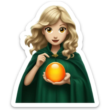 Taylor swift in dark green cloak holding an orange glowing orb sticker