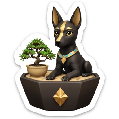  Soothing silky black fur Anubis tiny statuette puppy stony cracked irregular dodecagon bonsai pot  sticker