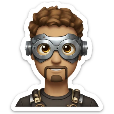 male cyborg head with brown short hair, brown beard, silver steampunk goggles and circuits sticker