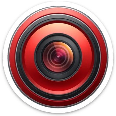 A round camera lens, minimalist, with highlights, red sticker