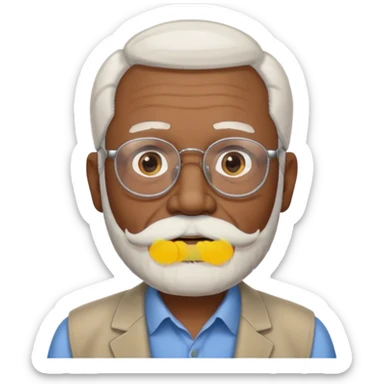 An elderly man emoji with medium-dark skin tone, white hair on the sides, glasses, light eyebrows, and a light white mustache and beard. sticker