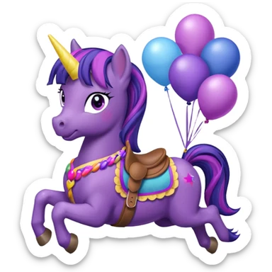 twillight sparkle mlp holding colorful balloons tied to its saddle, looking cheerful. sticker