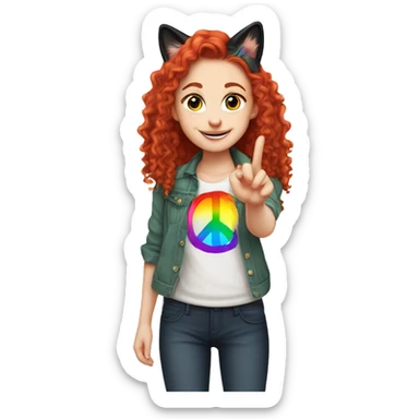 a white girl with long red curly hair in a pony tail with rainbow shirt does peace sign wearing cat ears one black other white sticker