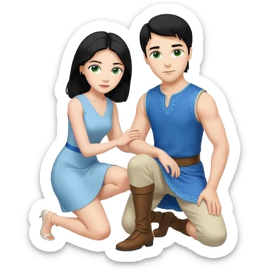 prince, upright, black Hair, blue eyes, garment,  woman, bending knee, white sleveless dress, blonde hair, green eyes, sticker