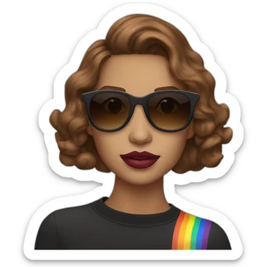 gay pride sunglasses on female head with wavy brown hair and rainbow lipstick sticker