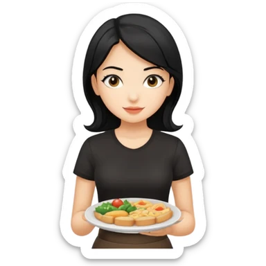 waitress with black hair and a food plate with a black tshirt sticker