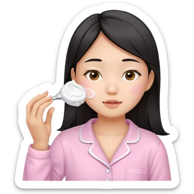 angelic asian girl doing skin care in baby pink pajamas, applying cream to her face sticker