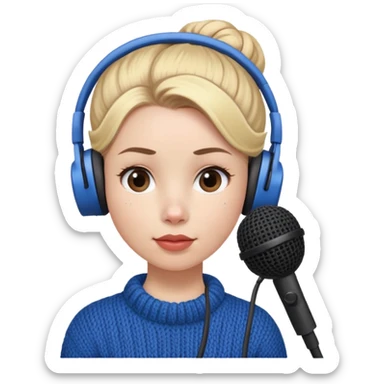 a cute face girl have bright white skin
and small natural reddish lips lips with
blue knitwear with a blonde ONE hair
bun and she is a podcaster in her
school. with recording microphone in
front of her not held and a headphone
in her head sticker