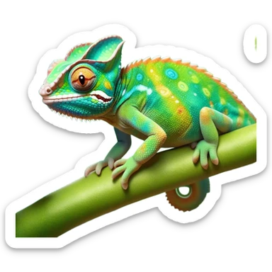 cinematic cute-smiling chameleon-realistic emoji,-blending-with-vibrant-greenery.-detailed-scales-in-shifting-colors,-showing-the-chameleon’s-ability-to-camouflage.-soft-natural-light-highlights-its-texture.-nature-background, zoomed into its face sticker