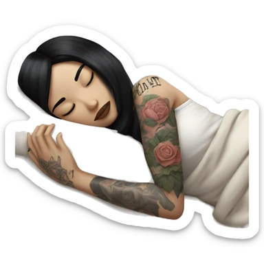 pale girl with black hair and tattoos on her arms sleeping sticker