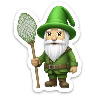 a green gnome with a white beard a fullbody green  cilinder hat and a landing net in the left hand sticker