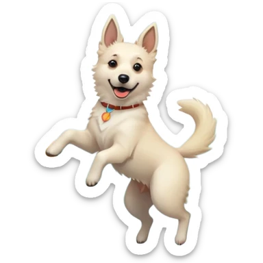 Beautiful White belgian Shepard jumping Cheerful  with a little blonde Boy Who laughs over Rain puddles. There is a rainbow in the sky and a forest in the background sticker