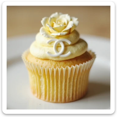 photorealistic pastel yellow Chanel cupcake with a camellia flower and logo, no background sticker
