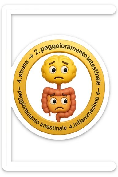EMOJI STILE IPHONE 3D DI un cerchio con queste scritte che girano intorno in ordine per come li ho scritti "1. stress → 2. peggioramento intestinale → 3. aumento infiammazione → 4. peggioramento sintomi intestinali e sistemici." al centro del cerchio metti un cervello e intestino umani collegati verticalmente con espressione dubbiosa in volto, FALLO MOLTO REALISTICO IN 3D sticker
