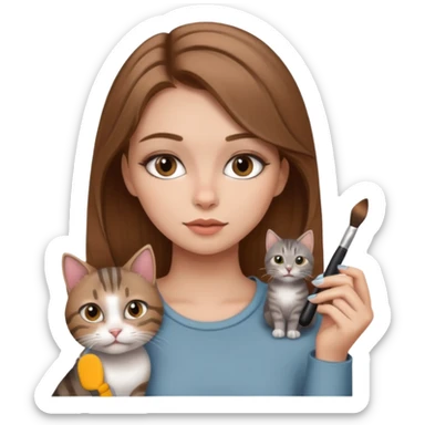 A image of a girl with light brown hair doing her makeup with her grey tabby cat sticker