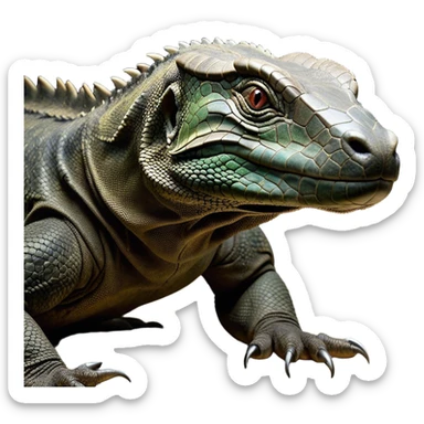 Cinematic Realistic Noble Komodo Dragon Portrait Emoji, Poised and imposing, with a massive, rugged build and a weathered, intricately scaled hide in earthy olive and dark tones, a distinct, powerful head with sharply defined features and piercing eyes, rendered in lifelike detail with natural texture and shadow, high shine, intelligent and formidable, styled with an air of ancient reptilian authority, focused and attentive, soft glowing outline, capturing the essence of a watchful and commanding Komodo dragon that appears ready to emerge from the screen with raw power! sticker