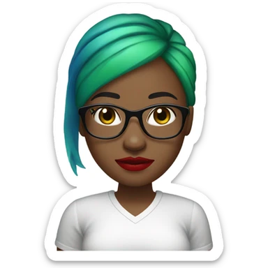 A bald black woman with glasses woman in a white tee shirt with red, black, and green flag in one hand with blue lipstick. sticker