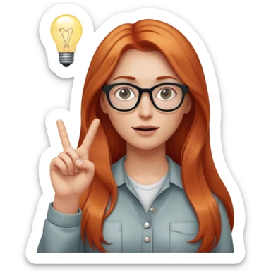 intelligent and clever, 30 year old, girl, long red-blond hair, glasses, has an idea and holds her finger in the air, light bulb over the head, casual cloth  sticker