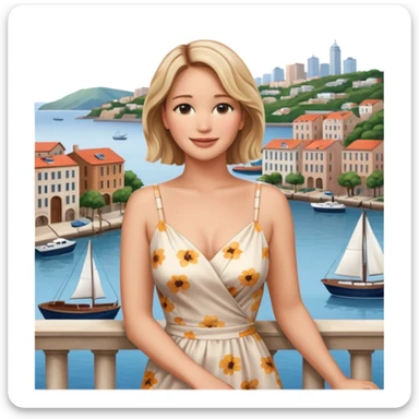 jennifer lawrence, closeup portrait , leaning on a balcony with a harbor and cityscape in the background, smiling sticker