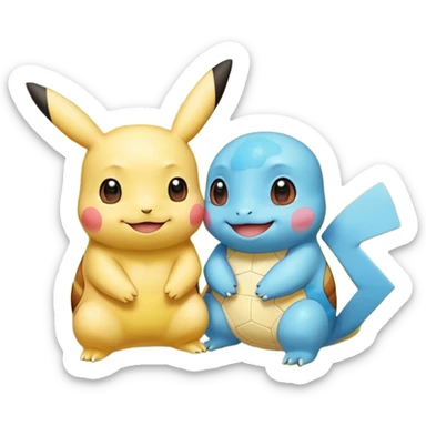 Two Pokémon are playing in a field. Pikachu has a light to share, but Squirtle has none. Pikachu sees this is unfair, so he shares the berries with Squirtle. They smile and eat together. Show this as a cute Pokémon emoji scene about justice and fairness.

 sticker