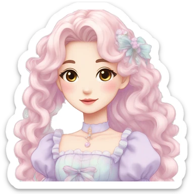 Gorgeous pastel anime style lady with blushing face and a dress cottagecore fairycore pastelcore colorful pearly romantic simplistic aesthetic trending style sticker