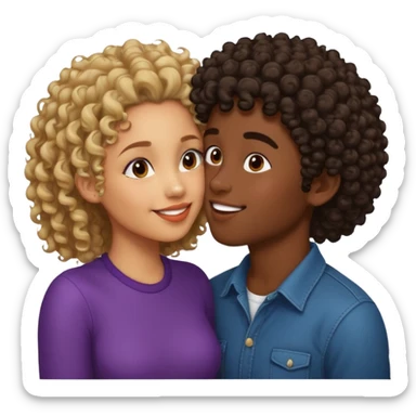 Lightskin boy with curls and a dark skin girl with straight hair kiss sticker