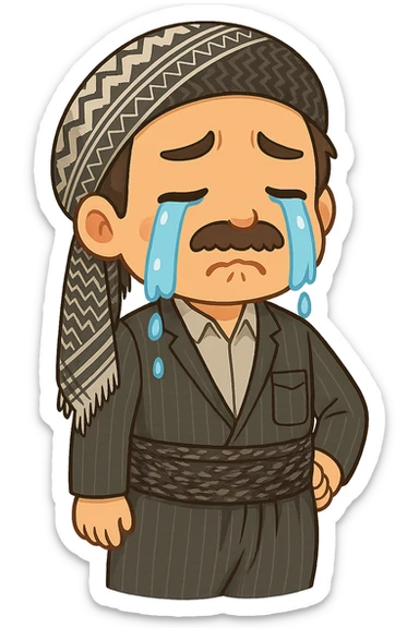 Cartoon sticker of a Kurdish man with the same clothes and scarf as the reference image, no changes to clothes or scarf, sad face with crying expression, colorful and cheerful style, no text, suitable for WhatsApp and Instagram, transparent background. sticker