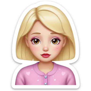 “Emoji girl, dewy skin, heavy blush across cheeks and nose bridge, glossy cherry lips, soft puppy eyeliner, teary sparkling eyes, pastel cardigan.” sticker