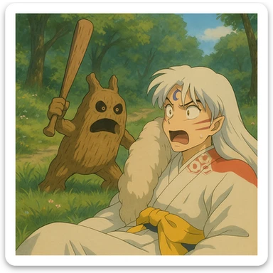 Wooden creature holding a baseball bat and scaring sesshomaru While he is sleeping We are shocked sticker