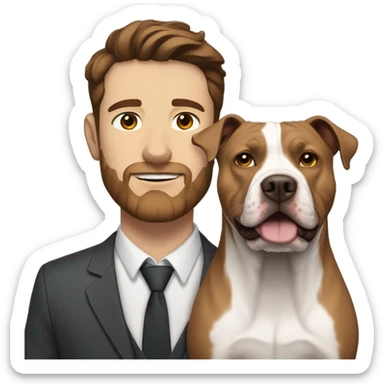 white male with dark brown hair and a lightly scruffy beard shadow standing alongside a white and brown pitbull sticker