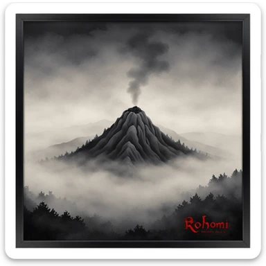 Dark horror wallpaper, 1080x2400, smoky grey charcoal background, subtle eerie light, misty fog, floating dust ("dhoasha dhoasha"), centered distressed text "ROJONI" with faint red smears and inner shadow, cinematic grain, spooky vibe --ar 9:20 --v 5 sticker