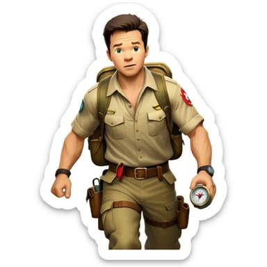 A vintage movie poster-style collage. Include action-packed elements like a treasure map, jungle scenes, a rugged explorer with a compass, and a speeding jeep. Add a shadowy figure resembling Mark Wahlberg in adventurous gear. Dramatic lighting, dynamic composition. Transparent background. sticker