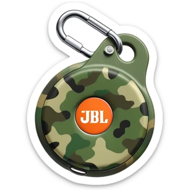 Ultra minimal JBL Clip 4, extremely simplified circular shape with tiny carabiner, just a few green camo spots, small JBL logo, iOS emoji style sticker