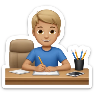 Little nice boy straight a student dark blonde hair tan skin sitting in desk with a really big smile sticker