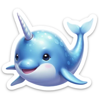 Cinematic Cute Cute Narwhal Portrait Emoji, Head tilted playfully and inquisitively, featuring a charming, sleek body with softly iridescent skin, a prominently spiraled tusk and large, twinkling eyes full of gentle wonder, Simplified yet irresistibly adorable features, highly detailed, glowing with a warm, inviting ocean glow, high shine, affectionate and lively, stylized with a touch of magical sea whimsy, soft glowing outline, capturing the essence of a mischievous yet endearing cute narwhal that seems as if it could frolic out of the screen into your heart! sticker