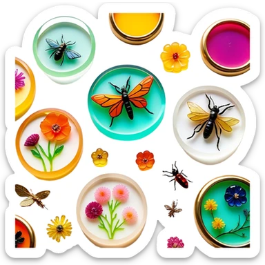 Create an icon that represents decorative arts using epoxy resin. The design should feature colorful tubes of resin, including fluorescent resin tubes, with visible drops or strokes of resin being applied to create intricate designs. Include finished resin jewelry pieces, such as pendants or rings, containing preserved flowers and insects encased in clear resin. The composition should feel vibrant, artistic, and delicate, showcasing the unique beauty of resin art with natural elements. The background should be transparent sticker