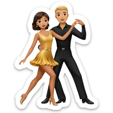 Dancesport professional latin competitor couple dancing the rumba, the women is in skinny short sparkly dress, the man is in black shirt and black classic pants  sticker