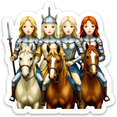 aesthetic brilliant radiant divine lighting, oil paint - ivory Four thin women as horsemen of the Apocalypse, after a graphic by Albrecht Dürer sticker