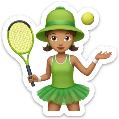 A hat with a green tutu on playing tenis with a volcher sticker