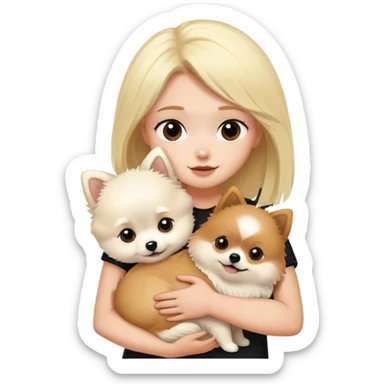 Blond girl and black hair boy hugging white Pomeranian and brown Pomeranian  sticker