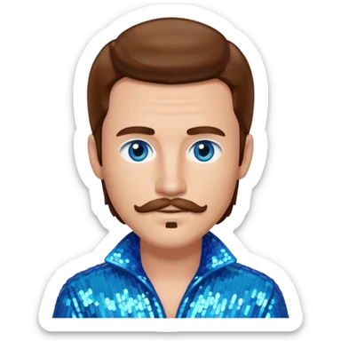 Benson Boone (b.2002), Pop Singer with blue eyes, brown long hair and thin mustache, icy blue sequin outfit sticker