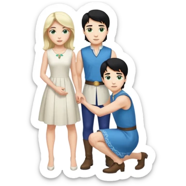 prince, upright, black Hair, blue eyes, garment, and woman, bending knee, sleveless white dress, blonde hair, green eyes, sticker