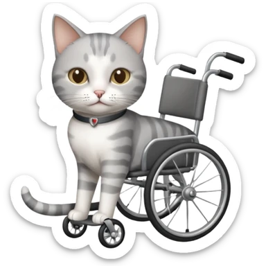grey and white cat in a wheelchair designed for cats to walk sticker