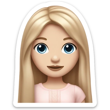 pale girl , who has straight, slightly wavy long brown caramel hair with long curtain  ,blue eyes , and doll like makeup , in a light pink cutesy outfit   sticker