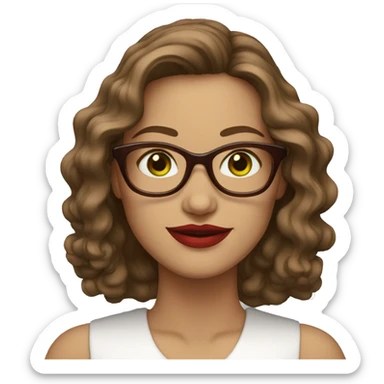 women about 50, green eyes, brown long wavy hair, red lips,  white glasses, informal dress code sticker