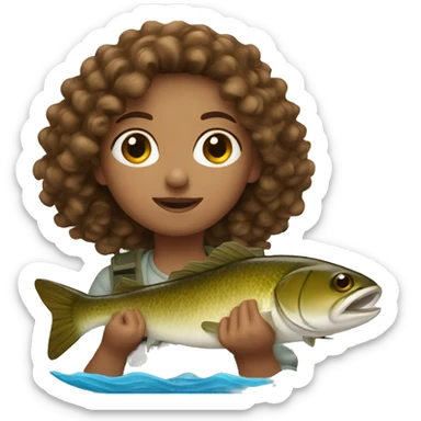 Girl with brown curly hair going fishing sticker