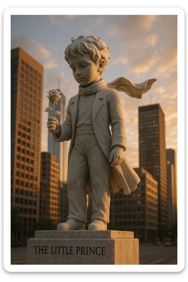 A marble statue of the Little Prince with a rose in his hand, placed in a modern cityscape. The pedestal inscription reads [TEXT]. Ultra-realism, sunset, low-angle perspective. sticker